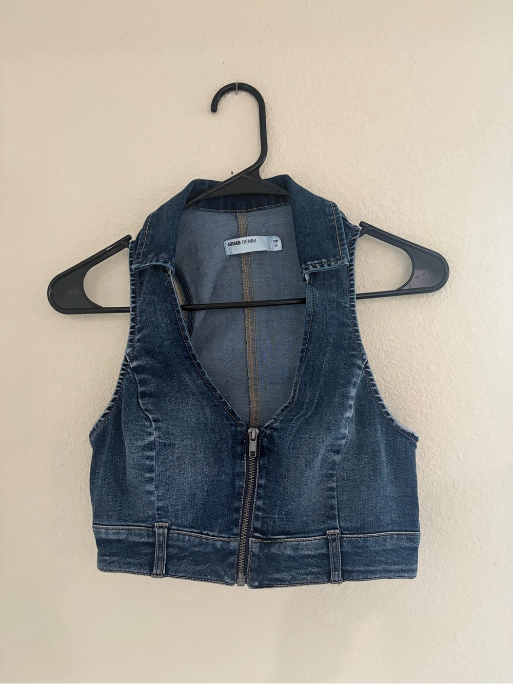 Garage Blue Denim Zip-Front Cropped Vest